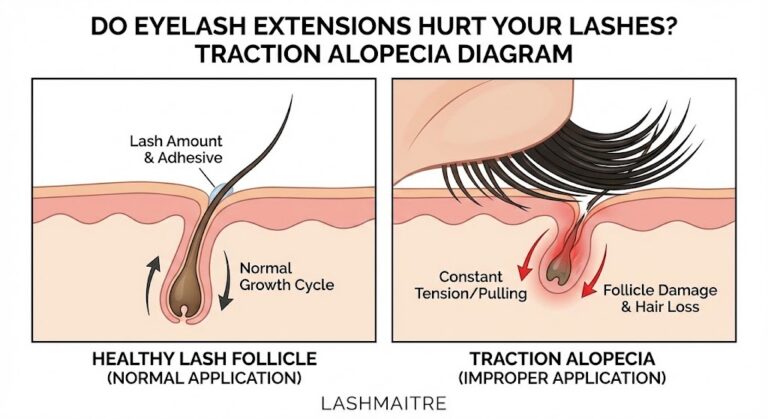 Medical diagram explaining "do eyelash extensions hurt your lashes" by illustrating traction alopecia versus a healthy hair follicle.