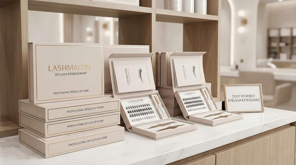 A premium salon retail display showcasing LASHMAITRE do it yourself eyelash extensions kits, including stacked boxes and open kits revealing lash clusters, bond, and applicator tools on a marble counter.