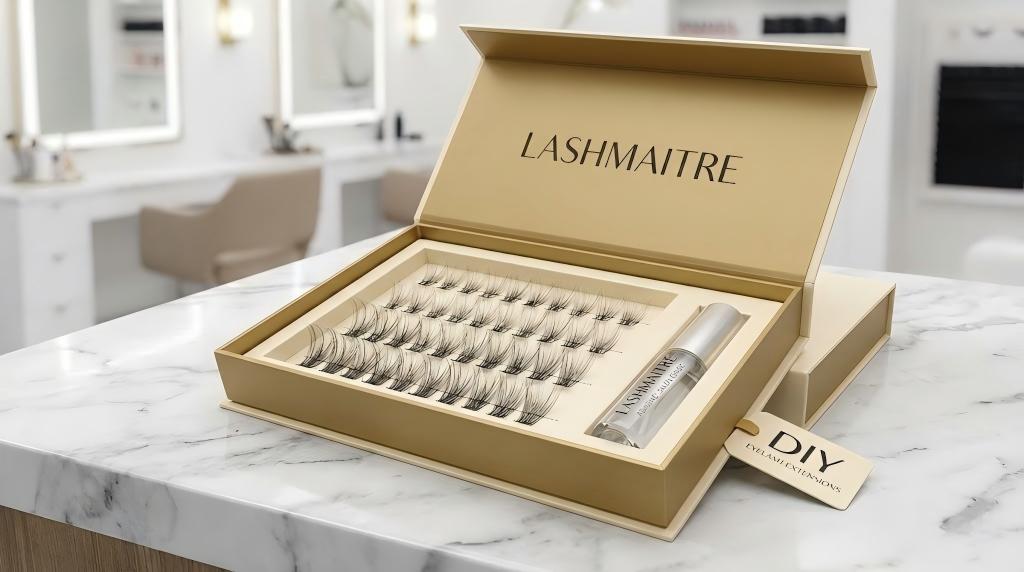Macro close-up of LASHMAITRE precision lash clusters and adhesive bond, highlighting the premium quality materials used for do it yourself eyelash extensions.