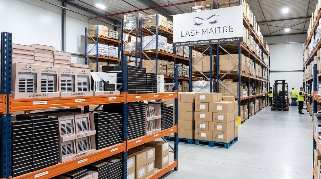 Organized Lashmaitre warehouse shelving stocked with professional inventory and private label do it yourself eyelash extensions kits ready for wholesale distribution.