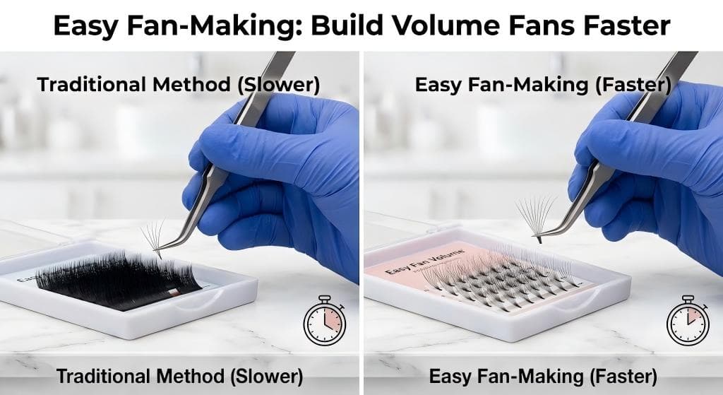 Lashmaitre Easy Fans easy fan volume lash extensions forming a wide volume fan quickly with tweezers from a black PBT lash strip for wholesale supply