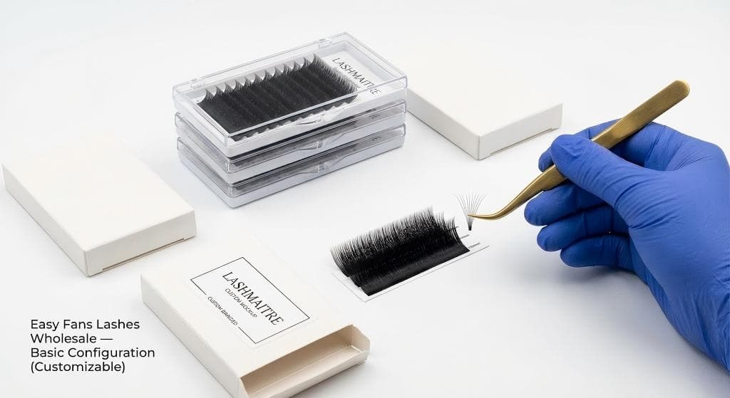 Lashmaitre Easy Fans lashes wholesale basic configuration showing black PBT easy fan volume lash extensions with curls J B C CC D DD L M and thickness 0.03–0.15