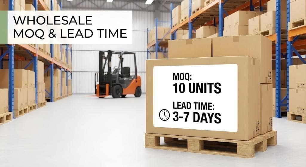 Lashmaitre Easy Fans lashes wholesale supply showing MOQ 10 and 3–7 days lead time for black PBT easy fan volume lash extensions with OEM/private label