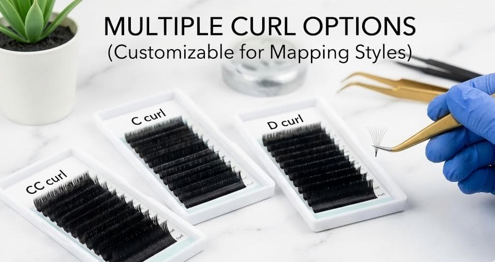 Lashmaitre Easy Fans lashes wholesale showing multiple curl options J B C CC D DD L M for black PBT easy fan volume lash extensions