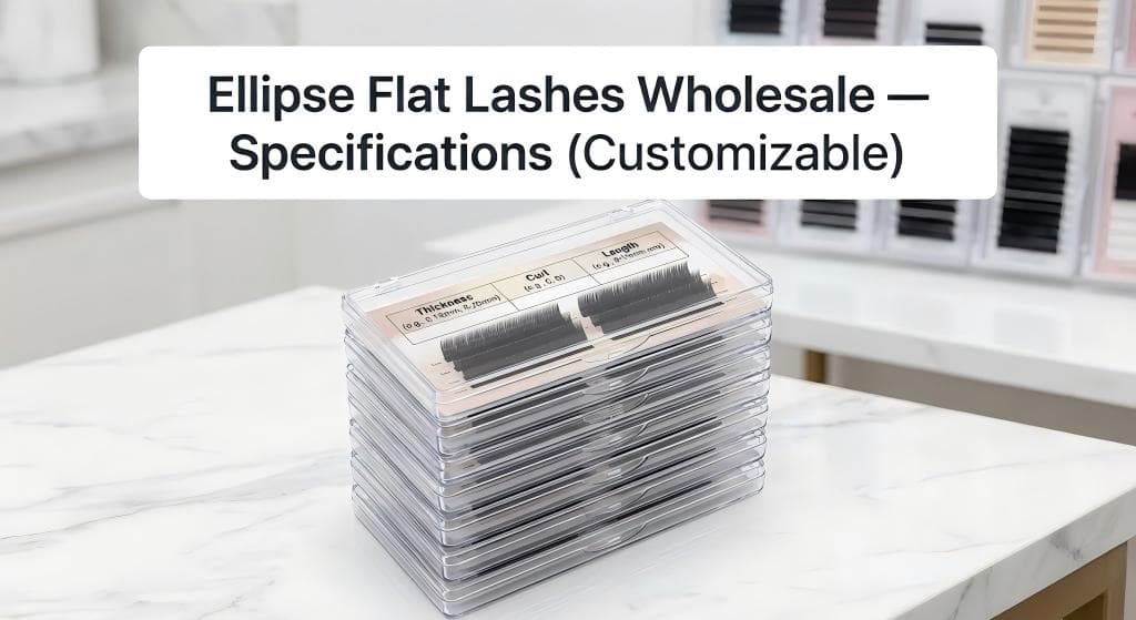 Lashmaitre ellipse flat lashes wholesale specifications showing customizable flat lash extensions with curl options J B C CC D DD L M, thickness 0.10–0.20, lengths 8–25mm, and MIX trays