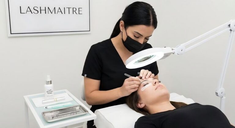 A LASHMAITRE professional esthetician using a magnifying lamp to examine the health of a client's natural lashes as part of a consultation on eyelash care after removing extensions. A bottle of recovery serum is visible.