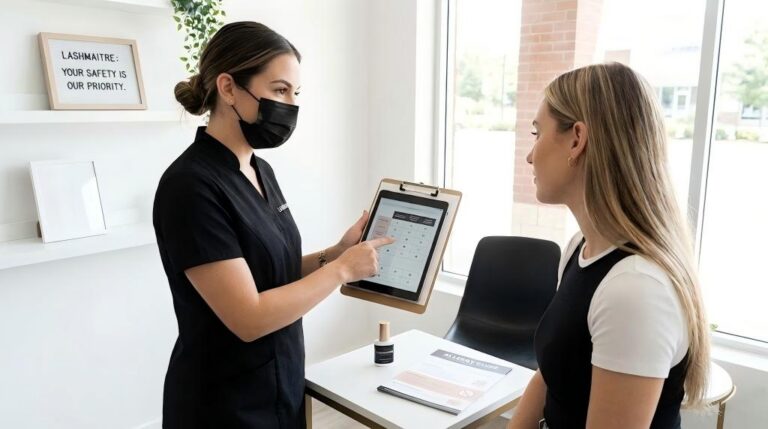 A professional LASHMAITRE technician conducting a pre-service consultation with a client, using a tablet to discuss eyelash extension adhesive allergies and review a safety chart in a clean salon setting.