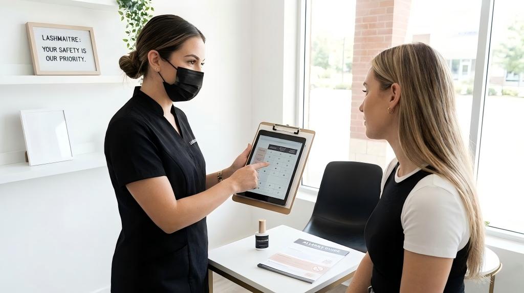 A professional LASHMAITRE technician conducting a pre-service consultation with a client, using a tablet to discuss eyelash extension adhesive allergies and review a safety chart in a clean salon setting.