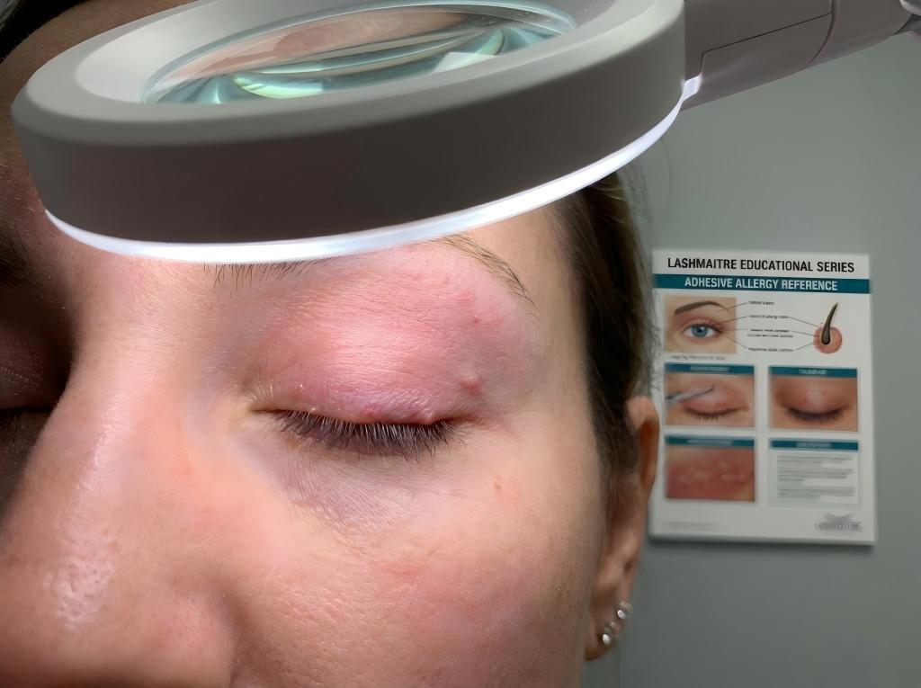 Clinical close-up shot showing eyelid redness and swelling as a symptom of eyelash extension adhesive allergies, serving as a LASHMAITRE educational reference.