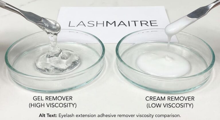 A side-by-side comparison photograph showing the different viscosities of LASHMAITRE eyelash extension adhesive remover products; a thick, clear "Gel Remover (High Viscosity)" is on the left, and a thinner, white "Cream Remover (Low Viscosity)" is on the right.