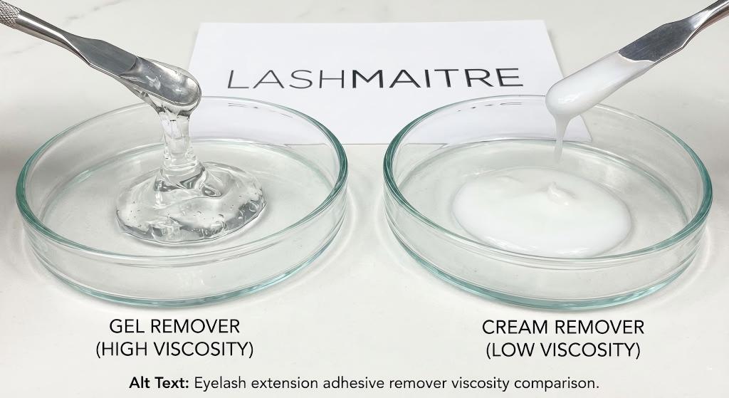 A side-by-side comparison photograph showing the different viscosities of LASHMAITRE eyelash extension adhesive remover products; a thick, clear "Gel Remover (High Viscosity)" is on the left, and a thinner, white "Cream Remover (Low Viscosity)" is on the right.