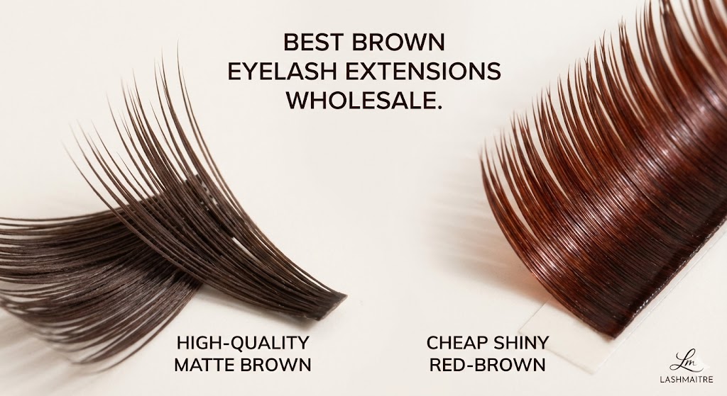 Macro photography comparison showing LASHMAITRE's high-quality matte eyelash extension brown fibers (left) versus a cheap, shiny red-brown competitor (right), highlighting the superior cool-tone finish for wholesale buyers.