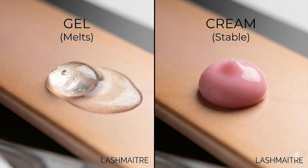 Split-screen macro photography comparing a melting gel drop against a stable LASHMAITRE eyelash extension cream remover dollop. Viscosity test demonstrating the non-drip safety of cream removers.
