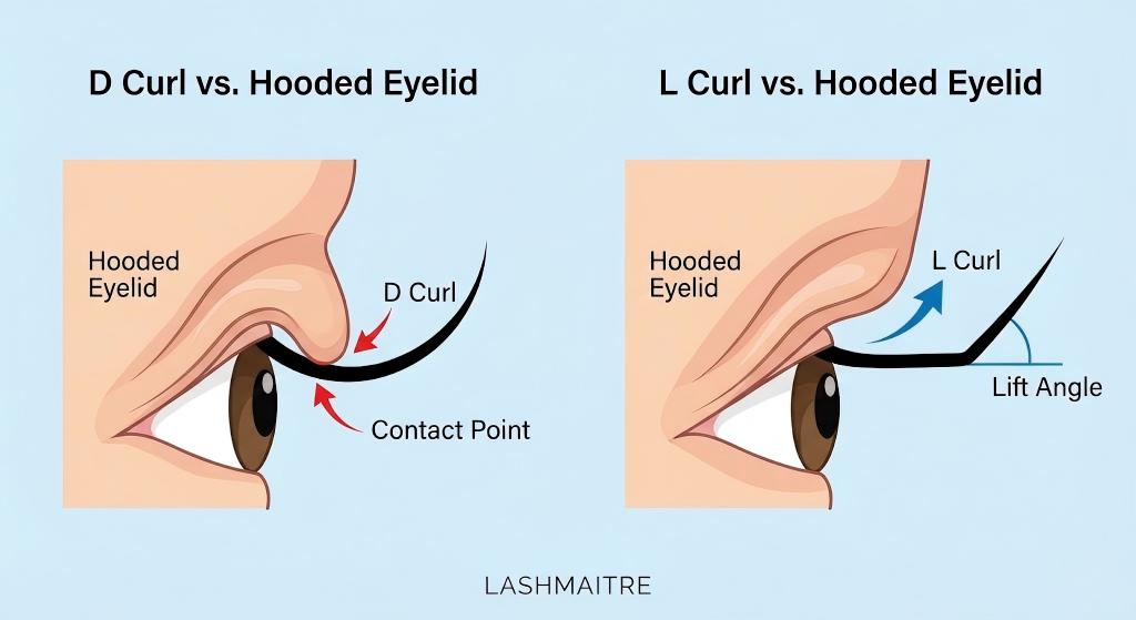Cross-section vector illustration comparing D Curl versus L Curl performance on a hooded eyelid. LASHMAITRE diagram highlighting lift angle and skin contact points for the perfect eyelash extension curl.