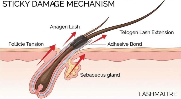 Technical medical illustration detailing a primary cause of eyelash extension damage, labeled "STICKY DAMAGE MECHANISM". The diagram shows red "Follicle Tension" arrows caused when an "Anagen Lash" is incorrectly adhered to a "Telogen Lash Extension".