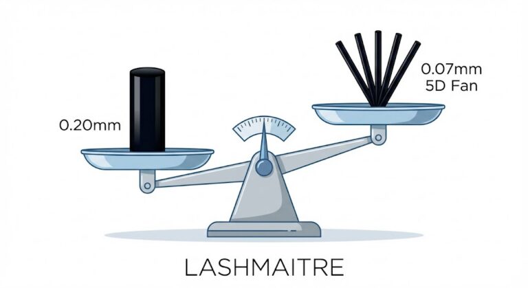 Scientific vector illustration on a balance scale revealing a key eyelash extension fact: a 5D Volume fan (0.07mm) is lighter than a single Classic lash (0.20mm). LASHMAITRE educational graphic.