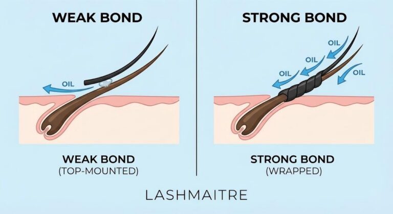 Educational cross-section vector illustration comparing a weak top-bond versus a strong wrapping bond. The diagram demonstrates how the wrapping technique deflects oils, making it critical when using eyelash extension glue for oily skin.