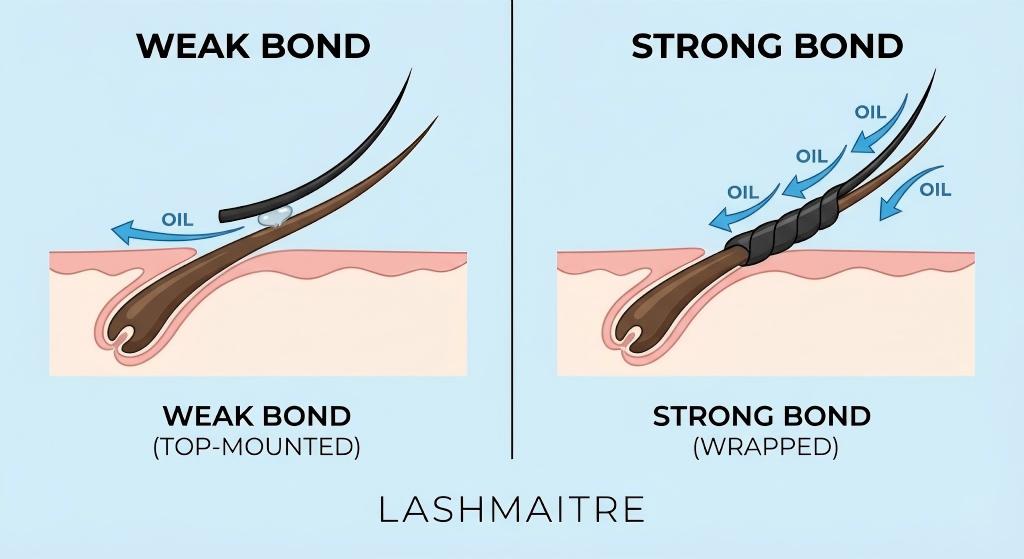 Educational cross-section vector illustration comparing a weak top-bond versus a strong wrapping bond. The diagram demonstrates how the wrapping technique deflects oils, making it critical when using eyelash extension glue for oily skin.