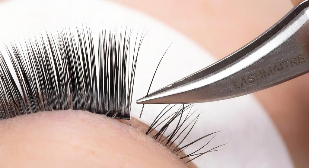 Macro close-up of tweezers peeling an outgrown synthetic extension off a natural lash during an eyelash extension infills appointment. LASHMAITRE professional technique demonstration.