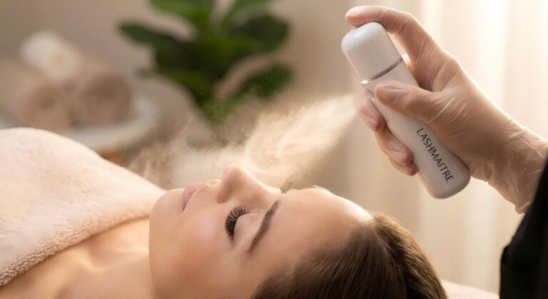 Macro close-up of a specialized UV eyelash extension LED light emitting a focused violet beam to cure adhesive. A technician in black gloves operates the high-tech LASHMAITRE device.