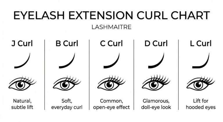 Comprehensive lash curl chart comparing J, B, C, D, and L curls for eyelash extensions with visual diagrams.