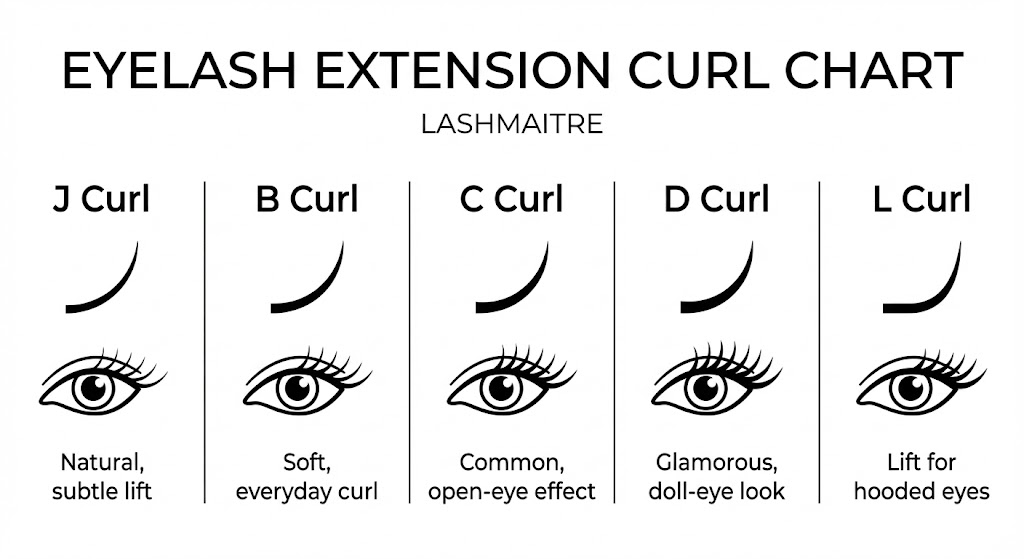 Comprehensive lash curl chart comparing J, B, C, D, and L curls for eyelash extensions with visual diagrams.