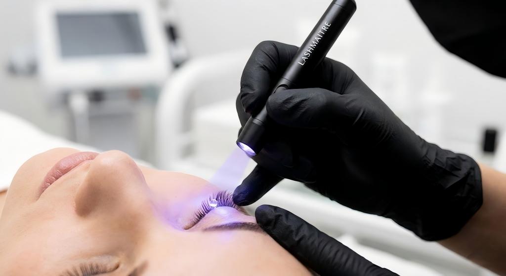 Macro close-up of a specialized UV eyelash extension LED light emitting a focused violet beam to cure adhesive. A technician in black gloves operates the high-tech LASHMAITRE device.