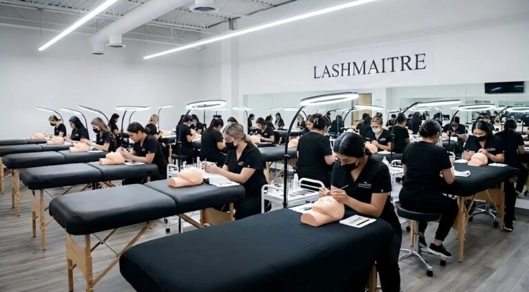 Students in black uniforms practicing on mannequin heads at a LASHMAITRE vocational beauty school, featuring a Texas flag background. Training session for obtaining an eyelash extension license in Texas.