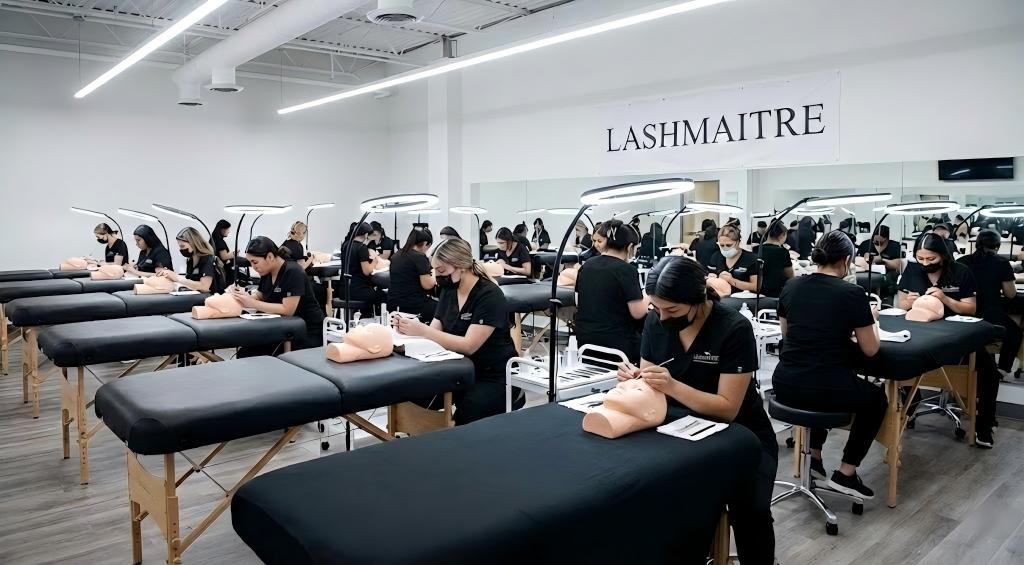 Students in black uniforms practicing on mannequin heads at a LASHMAITRE vocational beauty school, featuring a Texas flag background. Training session for obtaining an eyelash extension license in Texas.