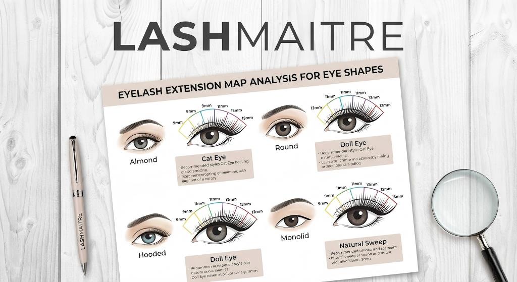 LASHMAITRE infographic guide displaying the correct eyelash extension map for various eye shapes including Almond, Round, Hooded, and Monolid, with specific length indicators and style recommendations like Cat Eye and Doll Eye.