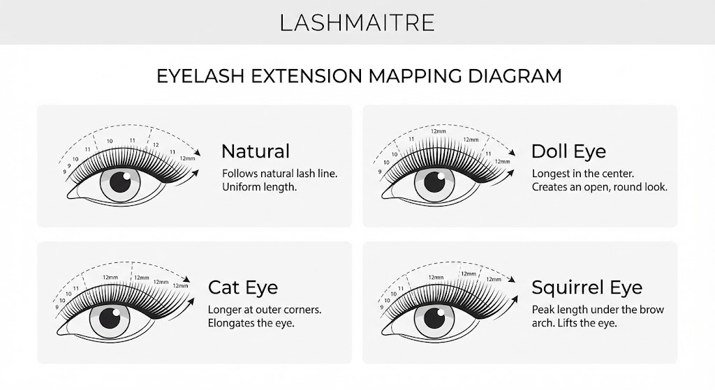 LASHMAITRE infographic displaying four standard eyelash extension mapping styles (Natural, Doll Eye, Cat Eye, Squirrel Eye), illustrating the professional styling standards often required to minimize liability claims covered by eyelash extension insurance.