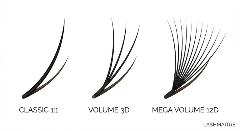 Macro vector illustration comparing three eyelash extension methods: a single Classic 1:1 lash, a 3D Volume fan, and a 12D Mega Volume fan. LASHMAITRE educational graphic.