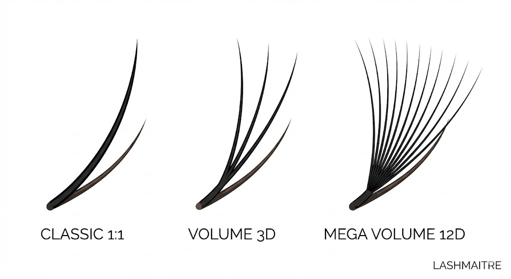 Macro vector illustration comparing three eyelash extension methods: a single Classic 1:1 lash, a 3D Volume fan, and a 12D Mega Volume fan. LASHMAITRE educational graphic.