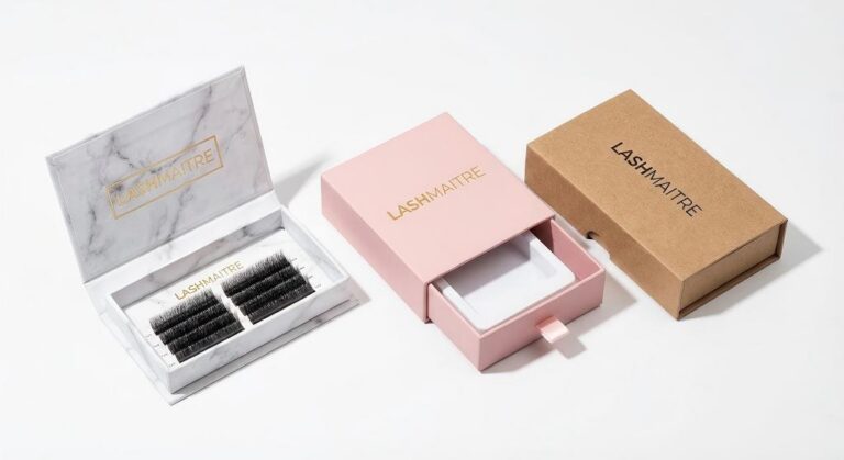 Three distinct styles of custom eyelash extension packaging by LASHMAITRE: a luxury white marble magnetic box, a soft pink drawer box, and a sustainable brown kraft paper box.