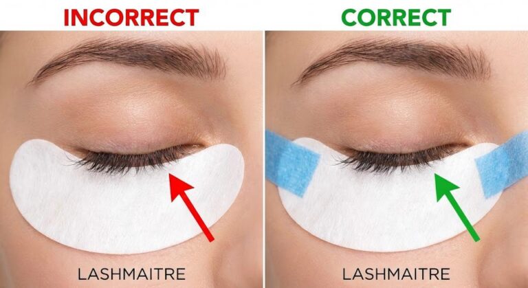 Split-screen safety comparison showing incorrect vs. correct use of eyelash extension pads. Left: Pad touching the waterline (Red Incorrect Label). Right: Pad secured with blue tape 2mm below the lash line (Green Correct Label). LASHMAITRE educational photo.