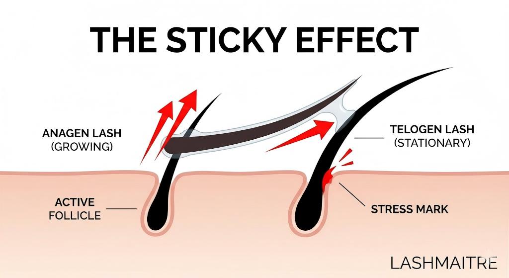 Vector diagram showing "The Sticky Effect" as a cause of "eyelash extension pain". An extension is glued to two natural lashes, causing tension at the follicle. LASHMAITRE label included.