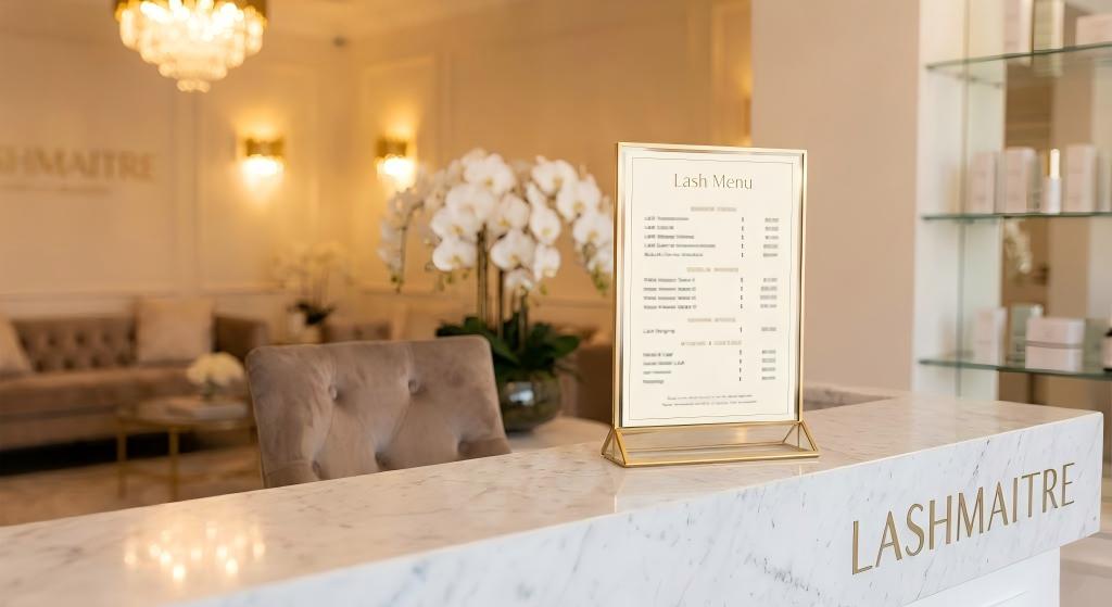 Interior view of a luxury beauty salon reception featuring a gold-framed "Lash Menu" standing on a white marble counter with the LASHMAITRE logo. The menu serves as the eyelash extension price list.