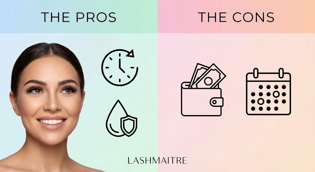 Split-screen infographic illustrating eyelash extension pros and cons. The "Pros" side features a smiling woman with icons for time-saving and durability. The "Cons" side shows icons of a wallet for cost and a calendar for maintenance appointments. LASHMAITRE logo at the bottom.