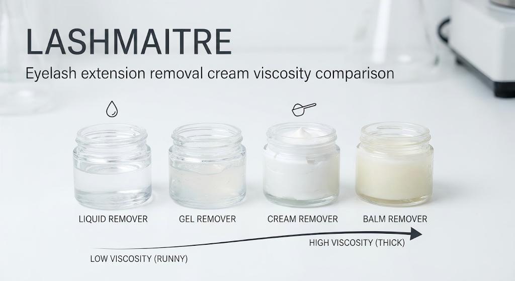 A photographic infographic by LASHMAITRE comparing the viscosity of eyelash extension removal products. Four glass jars are shown in a line from left to right: a clear "LIQUID REMOVER" (runny), a translucent "GEL REMOVER", a thick white "CREAM REMOVER" (eyelash extension removal cream), and a solid "BALM REMOVER" (thick). A graphic arrow below indicates a progression from "LOW VISCOSITY (RUNNY)" on the left to "HIGH VISCOSITY (THICK)" on the right.