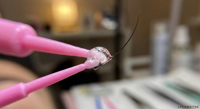 Extreme macro close-up of a pink micro-brush applying a droplet of clear, viscous eyelash extension remover gel to the adhesive bond of a lash extension. LASHMAITRE professional beauty photography.