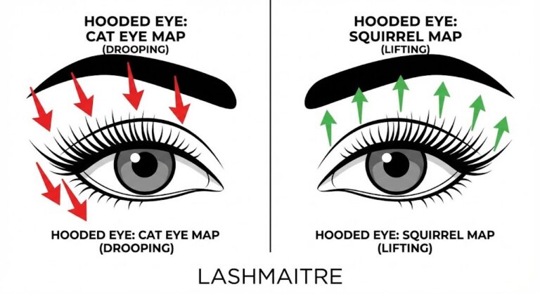 Split-screen diagram comparing two eyelash extension styles for hooded eyes: a 'Cat Eye Map' causing a drooping effect with red arrows, and a 'Squirrel Map' creating a lifting effect with green arrows. LASHMAITRE logo at the bottom.