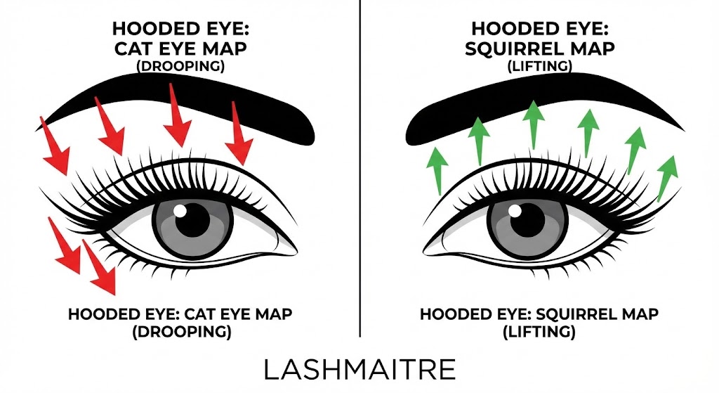 Split-screen diagram comparing two eyelash extension styles for hooded eyes: a 'Cat Eye Map' causing a drooping effect with red arrows, and a 'Squirrel Map' creating a lifting effect with green arrows. LASHMAITRE logo at the bottom.