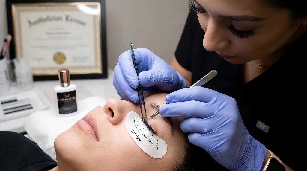 Close-up of a LASHMAITRE technician applying custom eyelash extension styles mapped for specific eye shapes in a professional U.S. salon setting.