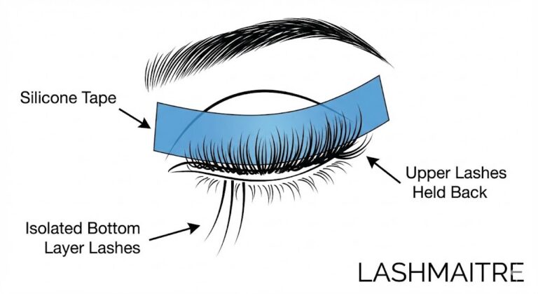 Technical illustration showing the layering method using blue eyelash extension tape to hold back upper lashes, revealing the bottom layer natural lashes for application. LASHMAITRE educational graphic.