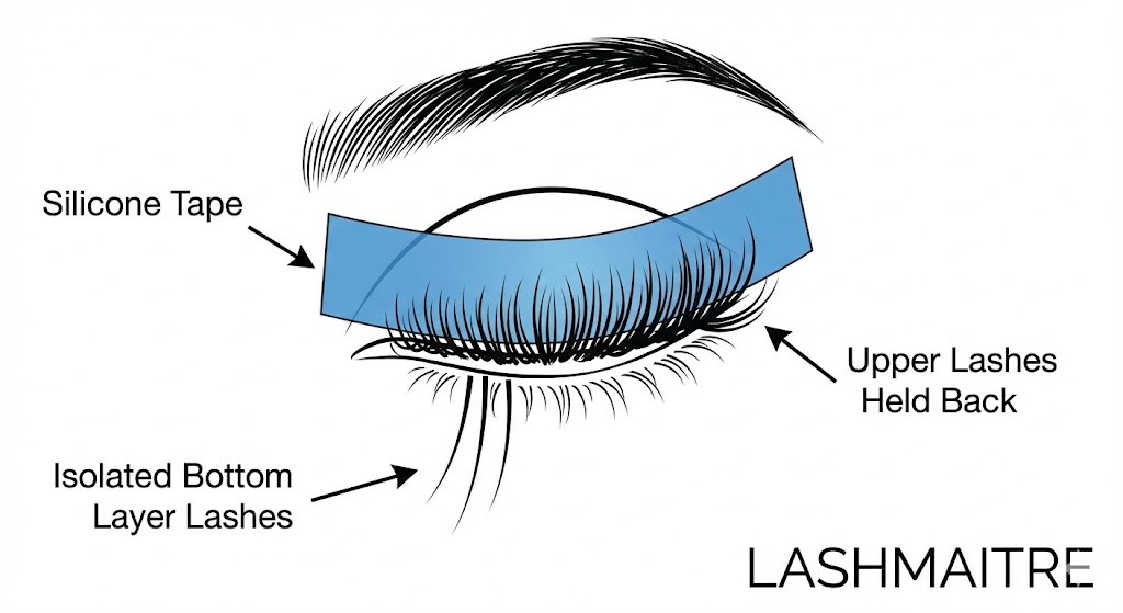 Technical illustration showing the layering method using blue eyelash extension tape to hold back upper lashes, revealing the bottom layer natural lashes for application. LASHMAITRE educational graphic.