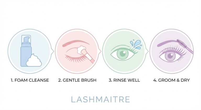 A 4-step vector infographic by LASHMAITRE illustrating the proper eyelash extension upkeep routine: applying foam cleanser, washing with a brush, rinsing with water, and grooming with a spoolie.