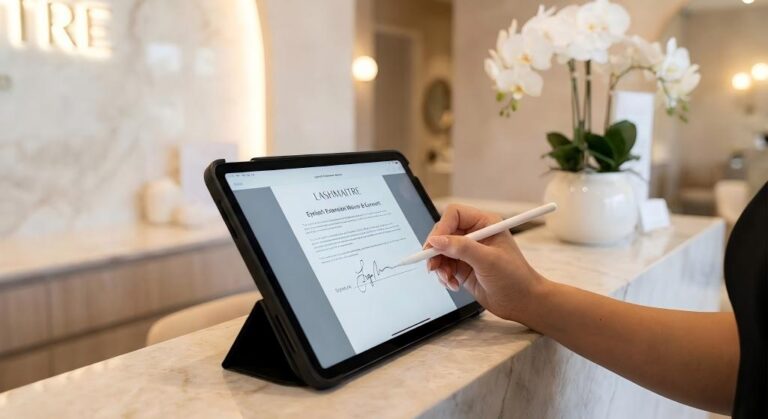 Close-up of a client signing a digital eyelash extension waiver on an iPad at a LASHMAITRE salon reception desk. The screen displays "Eyelash Extension Waiver & Consent".