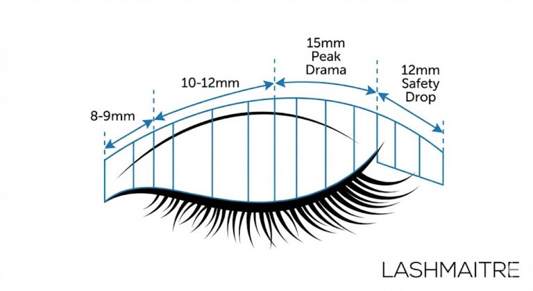 Vector lash mapping diagram by LASHMAITRE showing a dramatic style with "eyelash extensions 15mm" in the peak zone, graduated down to a 12mm safety drop at the outer corner.