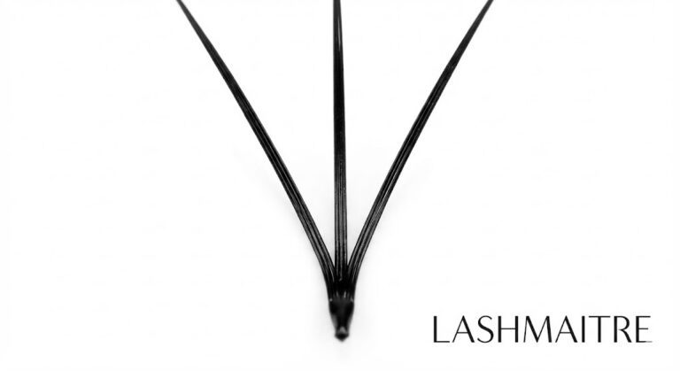 Extreme macro close-up of a LASHMAITRE 3D eyelash extension fan, featuring three ultra-fine black lashes joined at a tiny pointed base on a white background.