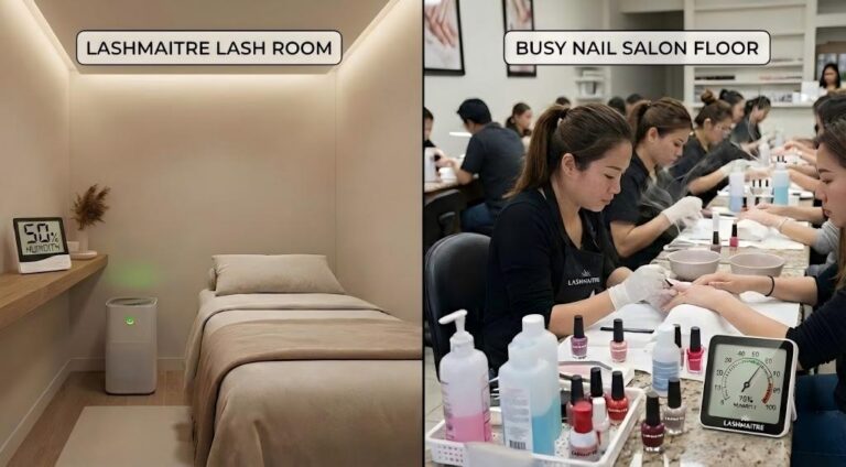 A split-screen comparison diagram showing a serene, controlled lash room versus the environment of getting eyelash extensions at a nail salon with chemical fumes and fluctuating humidity. LASHMAITRE educational graphic.